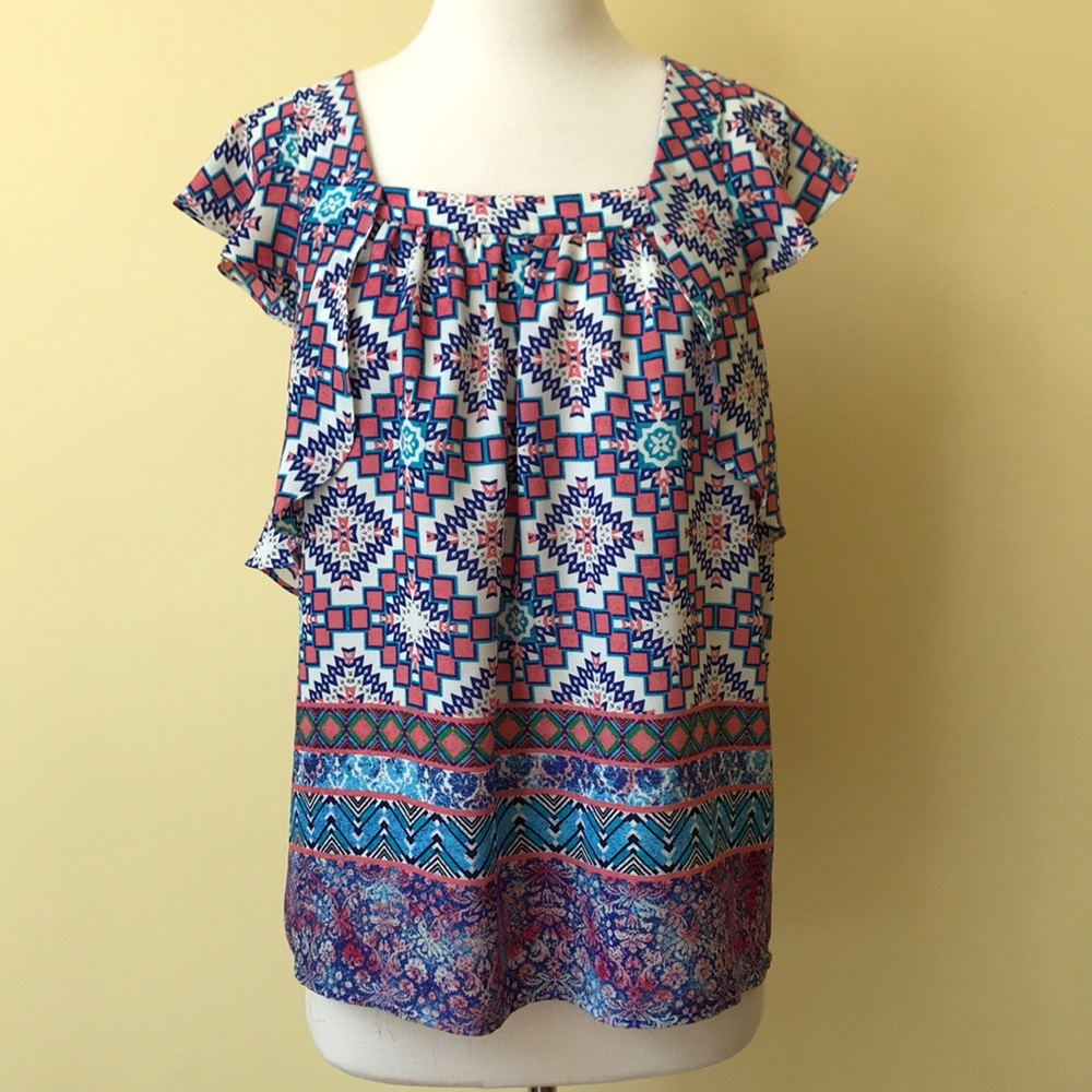 Anthro Meadow Rue Open Back Patterned Blouse